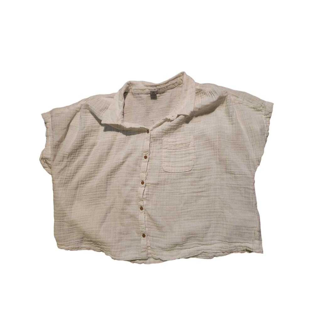 Old Navy White Gauze Button Front Cropped Shirt Large Pocket Top